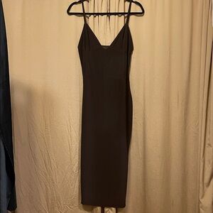 Chocolate Brown (US 12) Sheath Lined Spaghetti Strap Midi Dress Elastic Back